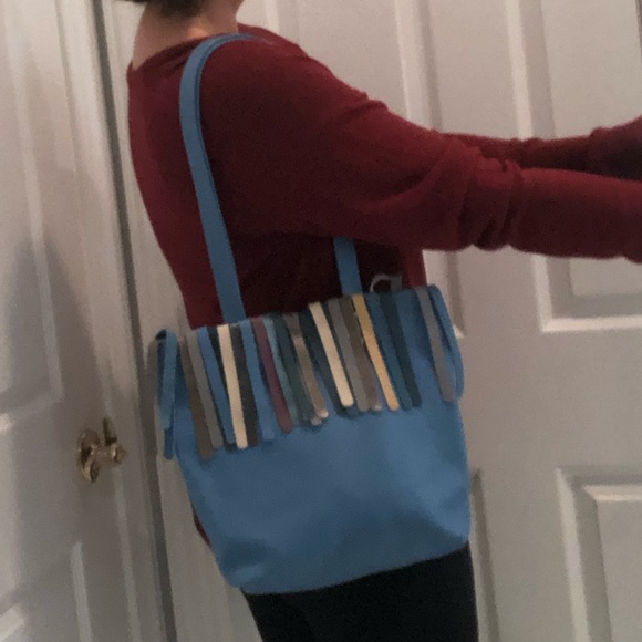 COCO BARCLAY Blue Pebbled Leather Boho Shoulder Bag Fringe London EUC - Picture 8 of 9